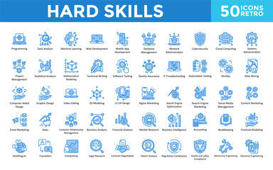 Hard Skills icon set with programming, data analysis, machine learning, web, mobile app, database management, network administration, cybersecurity, cloud computing icon. Simple retro vector 
