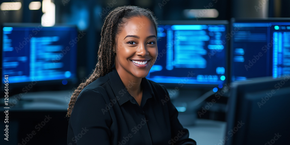 Aufkleber Computer programmer smiling and working on software development project in data center