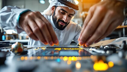 Focused Technician: A close-up shot of a male technician meticulously working on a circuit board, showcasing precision and expertise in a technological setting.
