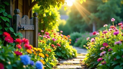 Fototapeta premium Serene Garden Path with Wooden Gate and Blooming Flowers at Golden Hour