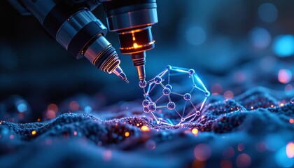 Precision Engineering: Robotic arms with glowing tips meticulously craft a crystalline structure, symbolizing technological advancement and precision in manufacturing.  