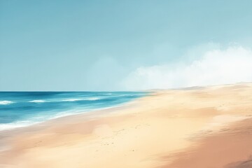 Obraz premium Serene beach scene, blue ocean meets sandy shore under a pale sky. Ideal for travel, vacation, or relaxation themed projects.