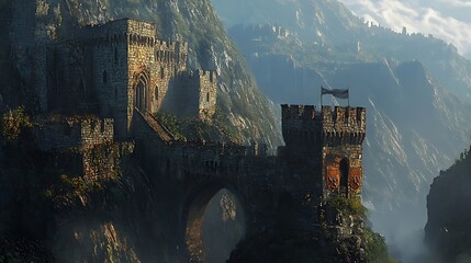 Ancient Stone Fortress Perched on a Mountain Cliff with a Foggy Background