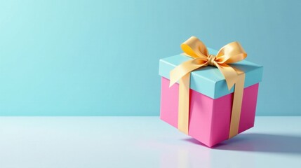 A pastel pink and light blue gift box with a golden ribbon, presented on a pale blue surface, symbolizes celebration and joyous giving