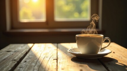 Fototapeta premium Warm morning sunlight streams through a window, illuminating a steaming cup of coffee resting on a rustic wooden table