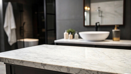 Mockup space for Montage product Minimalist dark bathroom interior. Empty marble table top for product display with blurred bathroom interior background,tabletop, copy space, text, copy, space, backgr