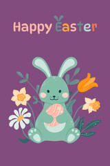 Easter bunny is sitting and holding an Easter egg in his paws on a background of flowers.