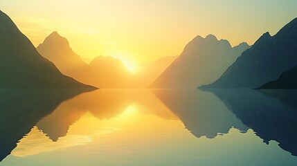 Silhouetted Mountains Reflecting in a Still Lake at Sunset