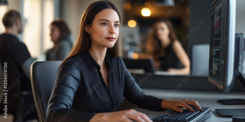 Poster Computer programmer writing code in modern office, developing new software