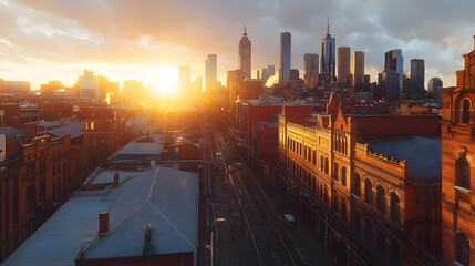 Fototapeta premium Stunning cityscape sunrise, golden hour light bathes brick buildings and skyscrapers. Urban landscape photography.