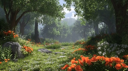Sunbeams Filtering Through Trees in a Flowery Forest Clearing
