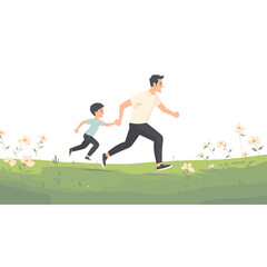 Dad and son running flowers grass green vector