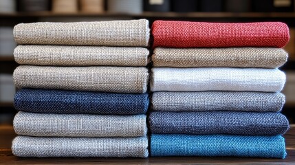 Vibrant Stacked Fabric Bolts Showcased in a Colorful Textile Store Display