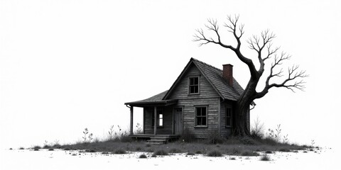 An abandoned rustic wooden house, weathered and gray, stands alone amidst overgrown vegetation and a gnarled, leafless tree, isolated against a stark white background.