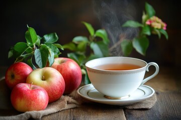 A steaming cup of tea sits beside red apples and greenery. Perfect for autumn, fall, or harvest themes, healthy lifestyle and comfort concepts.