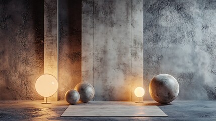 Minimalist Concrete Room with Spherical Lights and Objects