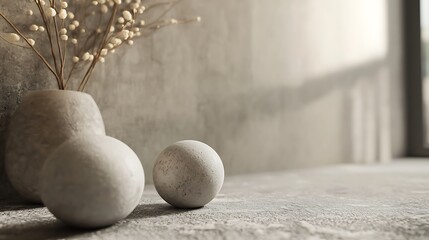 White Flower Branches in a Vase with Two Round Objects on a Gray Surface