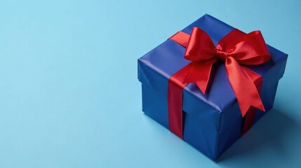 A Beautifully Wrapped Blue Gift Box with a Vibrant Red Ribbon Bow on a Light Blue Background