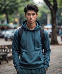 Fototapeta premium Young man of Vietnamese nationality in hoodie and trousers with serious expression portrait photo mountain background
