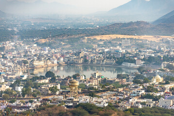 Panoramic view of Pushkar city from Savitri goddess temple, Rajasthan, India, 24 Jan 2024
