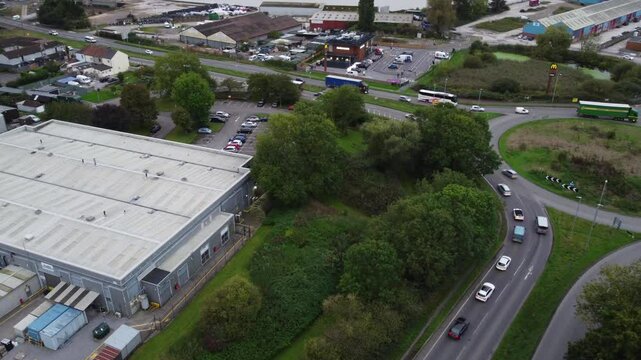 Dunball Bridgewater Industrial Estate Near Countryside and River, South west of England United Kingdom. Drone's Camera footage Was Captured During Cloudy Morning on October 2nd, 2024.