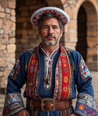 Obraz premium Adult man of Argentinian nationality in traditional attire with neutral expression portrait photo historical site background