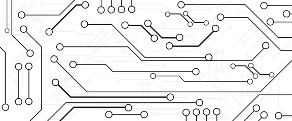 Vector black and white circuit electronic or electrical line. High-tech circuit board. Circuit board with various technology elements.
