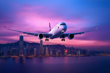 Airplane landing in hong kong at sunset: a vibrant urban arrival