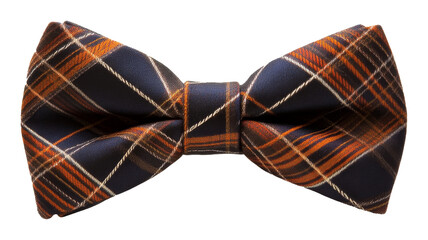 Plaid bow tie with orange and navy colors, stylish accessory. Fashion elegance and design concept