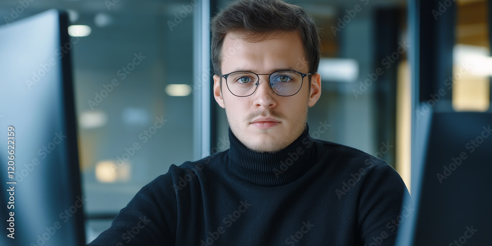 Poster focused office worker concentrating on computer screen in modern office