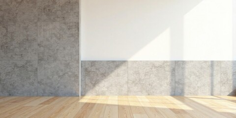 Sunlit Modern Interior Design Light Wood Floor, Gray Stone Wall, and White Wall Section