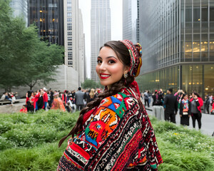 A young woman in vibrant traditional clothing smiles, turning her head against a backdrop of modern skyscrapers in New York City.