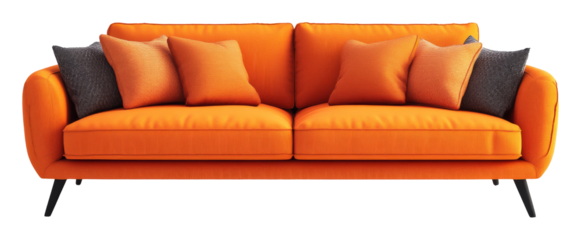 modern orange sofa with cushions, minimalist design, contemporary furniture concept