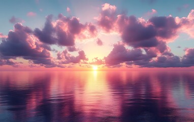 Serene sunset over calm ocean with pink clouds.