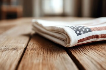 A neatly folded napkin featuring the American flag is placed on a rustic wooden table. Soft, natural light enhances the warm atmosphere of the cozy indoor space