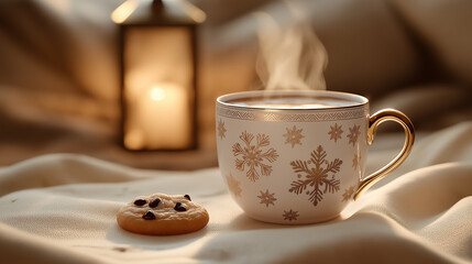 Obraz premium Steaming cup of coffee with golden snowflakes and cookie near candle lantern creating cozy atmosphere