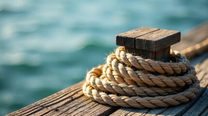 Fototapeta premium A weathered wooden dock post with coiled nautical rope, suggesting a tranquil seaside scene