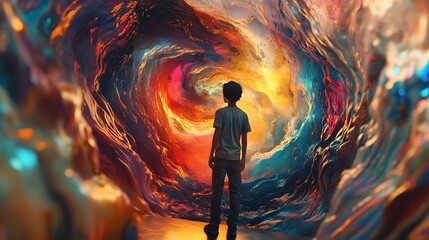 A Person Standing Before a Large, Abstract, Swirling, Multicolored Painting