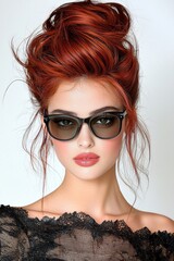 Fototapeta premium Stylish young woman with red hair and sunglasses poses for a fashion lookbook indoors