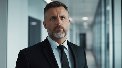 Fototapeta premium Serious businessman standing in office corridor looking assertive and confident