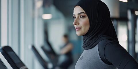 Muslim sportswoman wearing hijab exercising on treadmill in gym