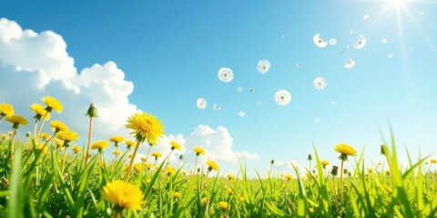 Vibrant Yellow Dandelions Flourishing in a Sunny Meadow with Delicate White Seedheads Drifting on a Gentle Breeze Under a Clear Blue Sky