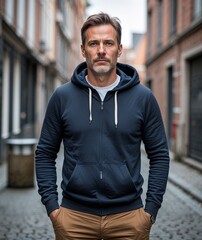 Fototapeta premium Adult man of Belgian nationality in hoodie and trousers with focused portrait photo historical site background