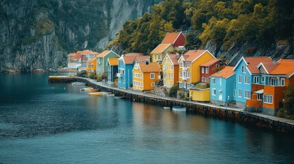 Fototapeta premium Vibrant Coastal Village Nestled Amongst Majestic Mountains