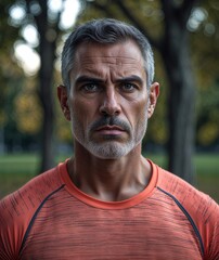 Fototapeta premium Adult man of Greek nationality in sportswear with serious expression portrait photo park background