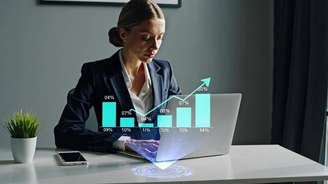 Businesswoman Analyzing Data on Laptop Footage in Modern Office Scene