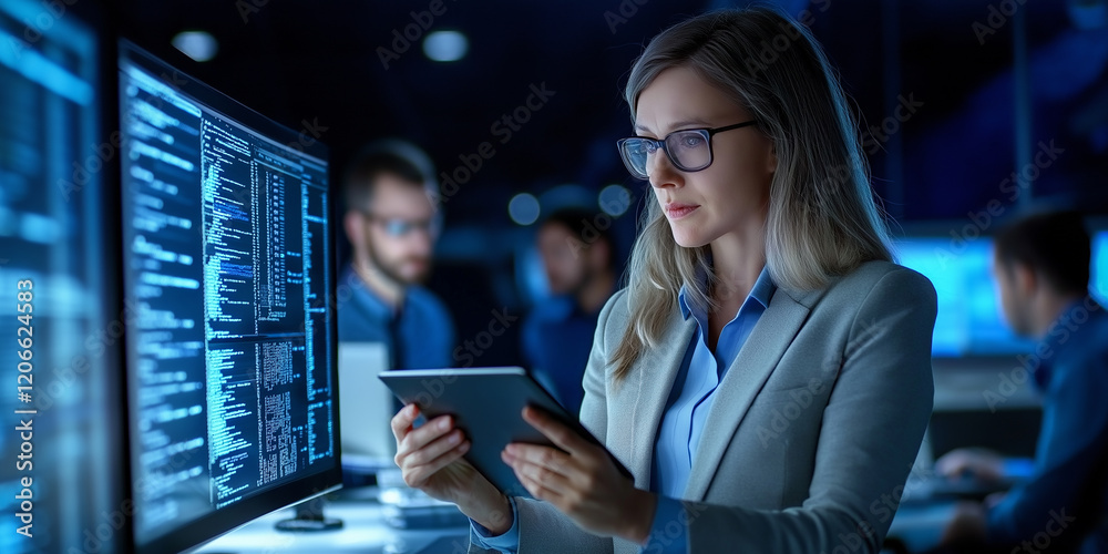 Poster It specialist working in modern office using tablet and multiple computer screens