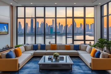 Modern apartment living room with city skyline view at sunset.