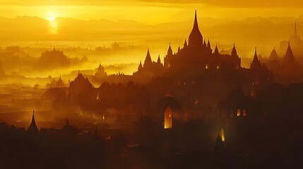 Fototapeta premium Golden Sunset Over Ancient Temples In Misty Valley