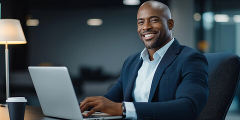 Fototapeta premium Happy businessman working on laptop in modern office at night